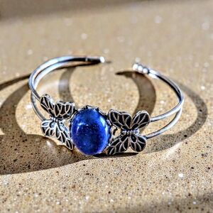 Metallic Silver With Lapis Lazuli Stone Butterfly Bracelet